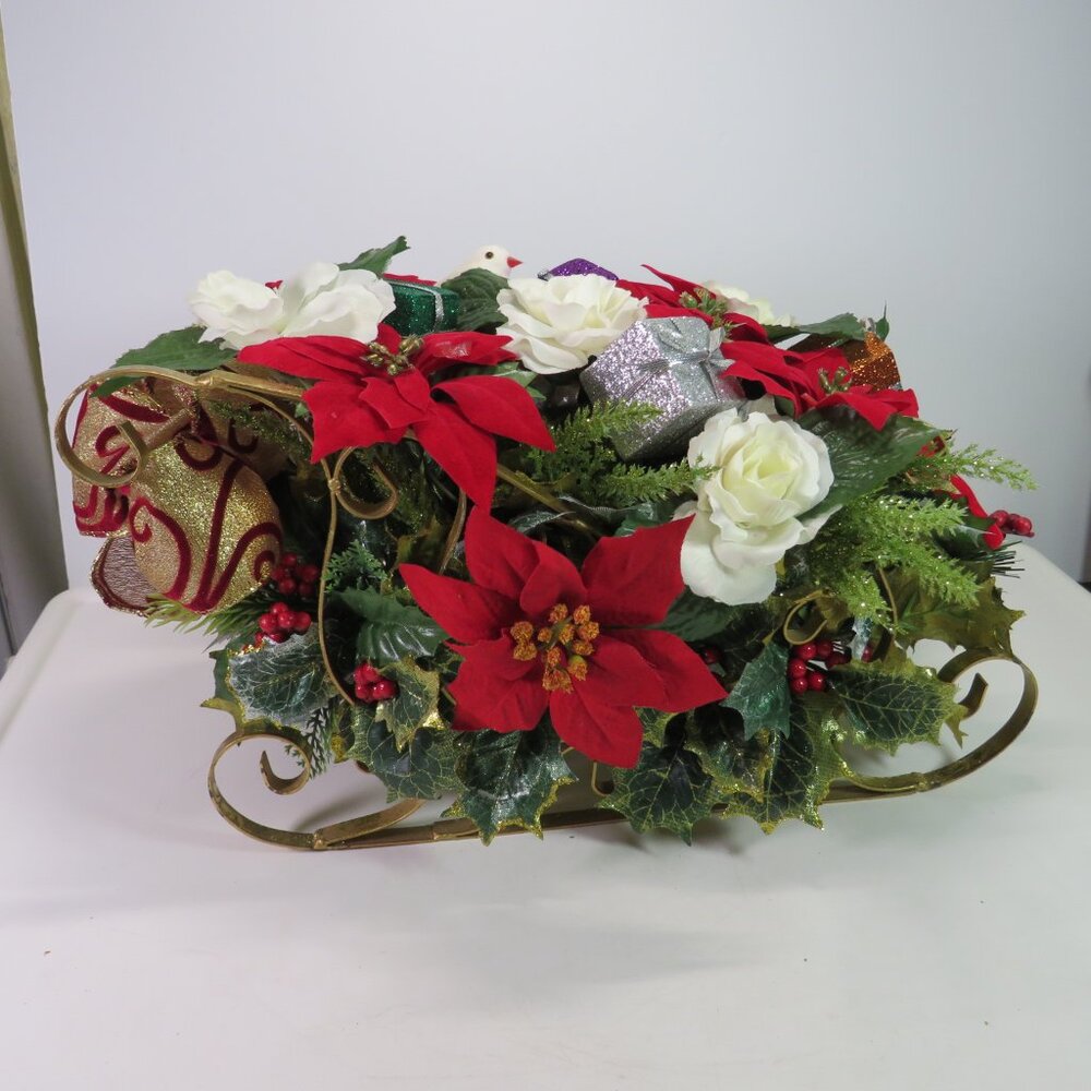 Gold Medal Sleigh with Floral Arrangement Centerpiece Holidays Large 15x7x8"